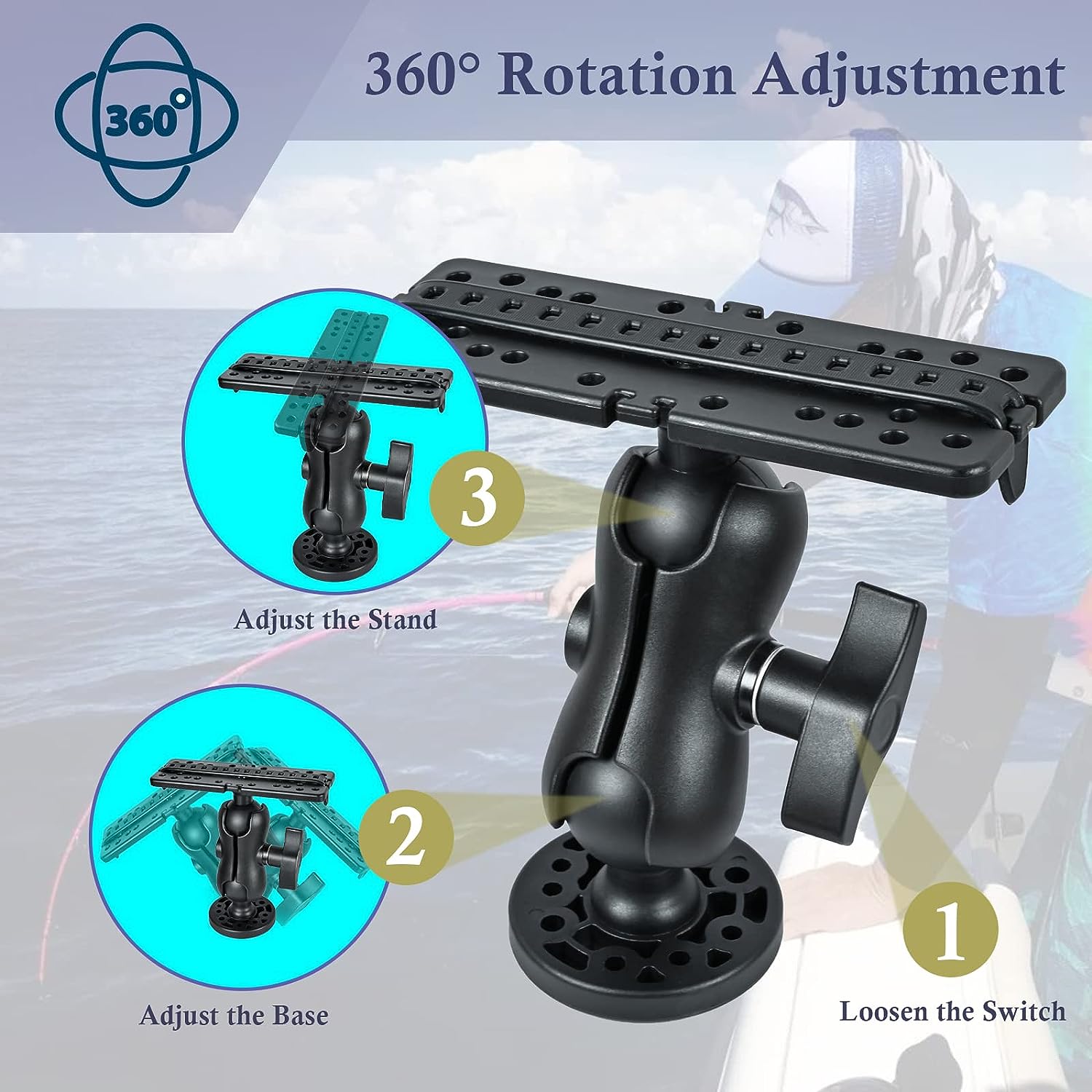 Fish Finder Mount Base, Universal 360° Rotation Ball-Mount Fish Finder Bracket, Nylon  Stainless Steel Electronic Fish Finder Holder for Marine Boat Kayak Pontoon Canoe Helix Garmin, 4*Srews, 4*Nuts