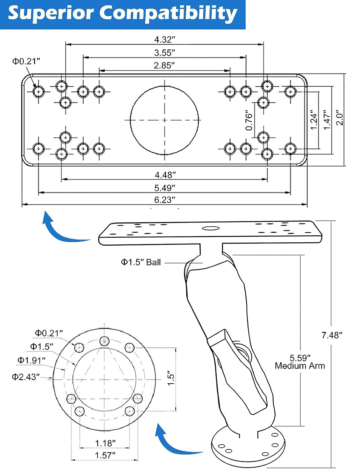 WINDFRD 1.5 Ball Fish Finder Mount, Medium Arm Marine Electronic Mount, Universal Mounting Plate with 1.5 inches / 38mm / C Size Ball Adapters, Compatible with Garmin, Lowrance and More