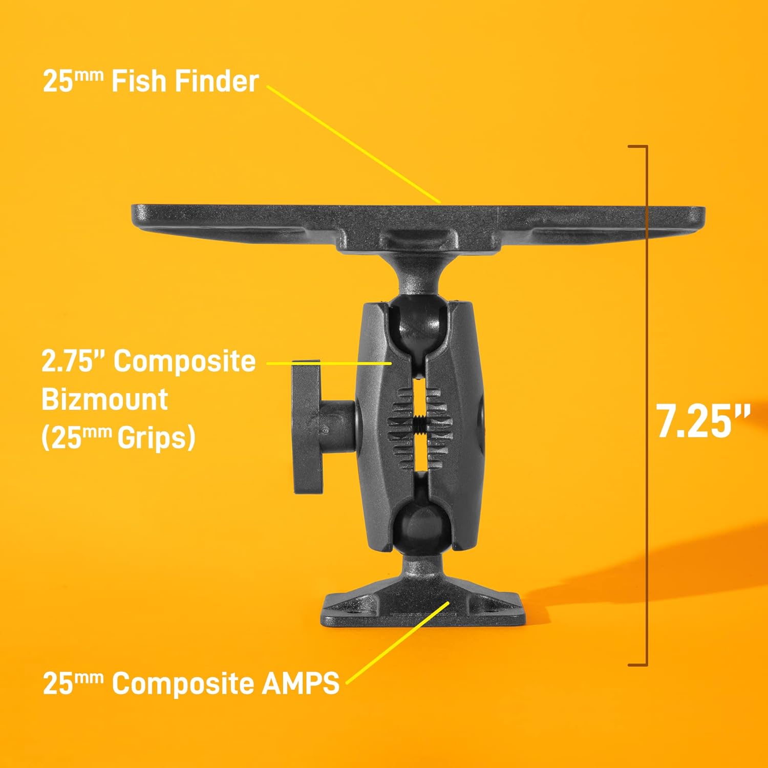iBOLT 25mm / 1 inch Composite Universal Marine Electronic Fish Finder to Composite Rectangular AMPS Pattern Drill Base Dual Ball Mount- Featuring a 2.75-inch Composite 25mm / 1 inch Bizmount Arm